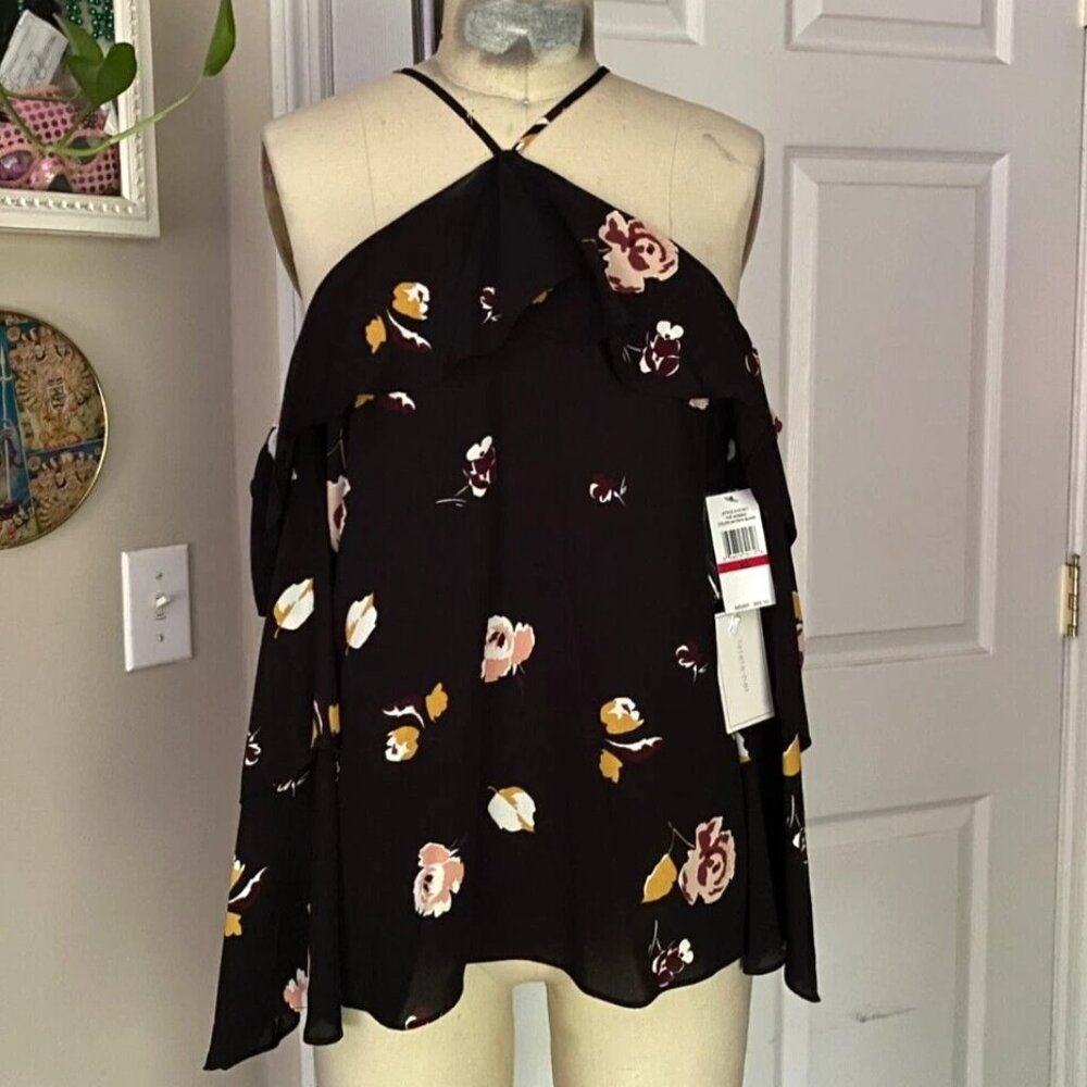 1.State BLACK Silky Floral Cold-Shoulder goddess Camisole Tank shirt *X-SMALL*